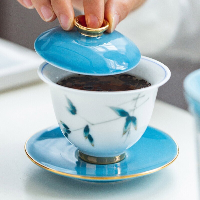 Taza De cerámica para té Gai Wan Cha pintada a mano, tetera De té Kung Fu, tazón Sancai De porcelana De cáscara De huevo, Sopera De CeramicaGaiwan