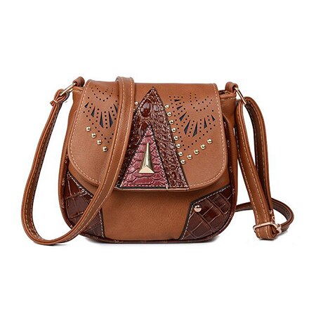 National stil kvinder messenger tasker vintage skuldertaske pu læder hule ud nitte damer crossbody taske håndtaske til kvinder: Lysebrun