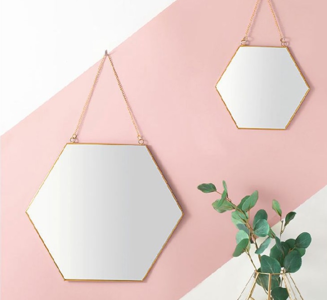 Nordic Minimalist Geometric Makeup Mirror Gold Brass Hexagonal Mirror Round Vanity Mirror Q423