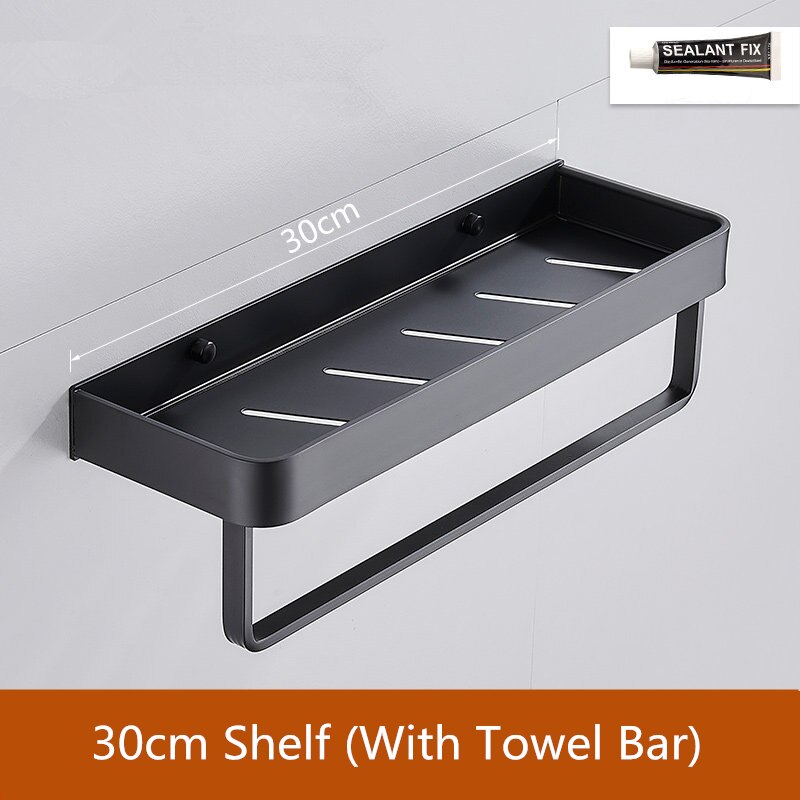 Badkamer Zwarte Plank Met Handdoek Bar Ruimte Aluminium Hoek Planken Handdoekenrek Met Haak Shampoo Houder Keuken Opbergrek: 30cm with bar