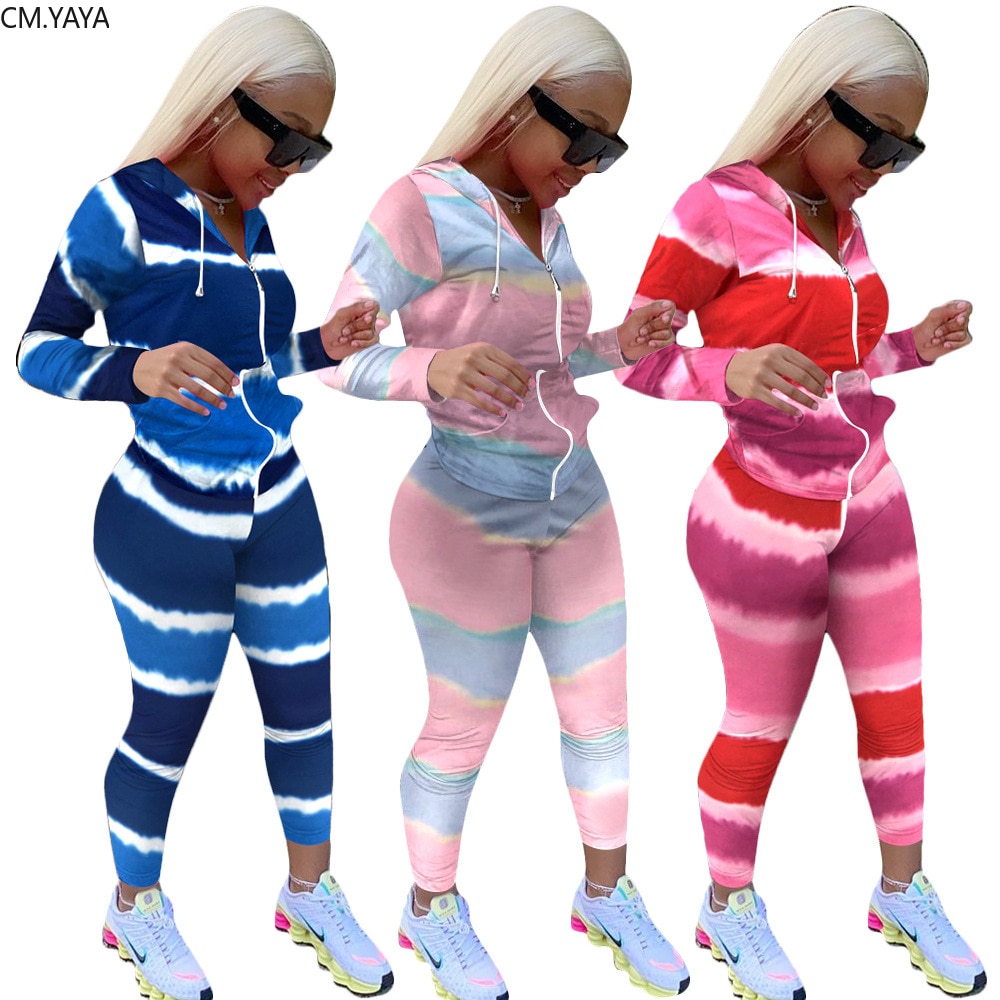 Cm.yaya active wear gradient stribet print damesæt hættetrøjer toppe joggerbukser jakkesæt træningsdragt todelt sæt fitness outfit