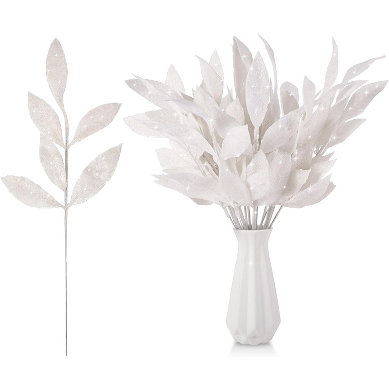Weiße Weihnachts-Glitzerblätter, 34 cm, künstliche Weihnachtsbaumzweige für Weihnachtsbaum, Heimdekoration, DIY-Kranz, Basteln,