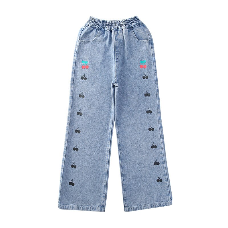 Meisjes Lente Jeans Met Cherry Patroon Kids Wijde Pijpen Broek Voor Kinderen Casual Kleding Broek 5 6 8 10 12 14 Jaar Oud