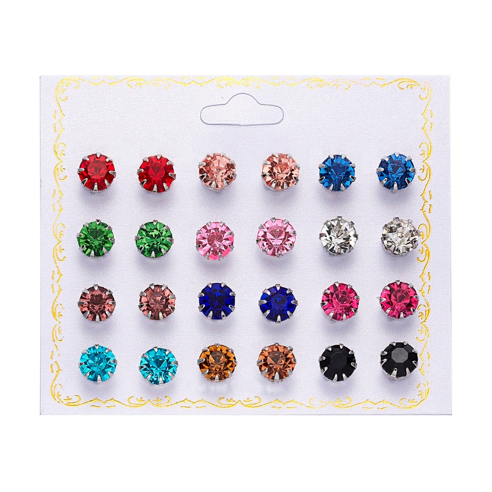 12 paires de boucles d&#39;oreilles en perles simulées, accessoires de couleur ronde, Zircon, cristal, ensemble de Piercing, boule, boucle d&#39;oreille pour femmes