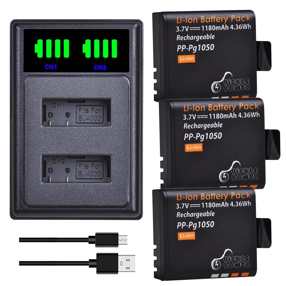 PG1050 Kit de cargador de batería para la cámara SJCAM SJ4000 SJ5000 SJ5000X SJ6000 SJ8000 M10 EKEN 4K H8 H8R H9 H9R GIT-LB101 GIT PG900 batería: Charger and 3Battery