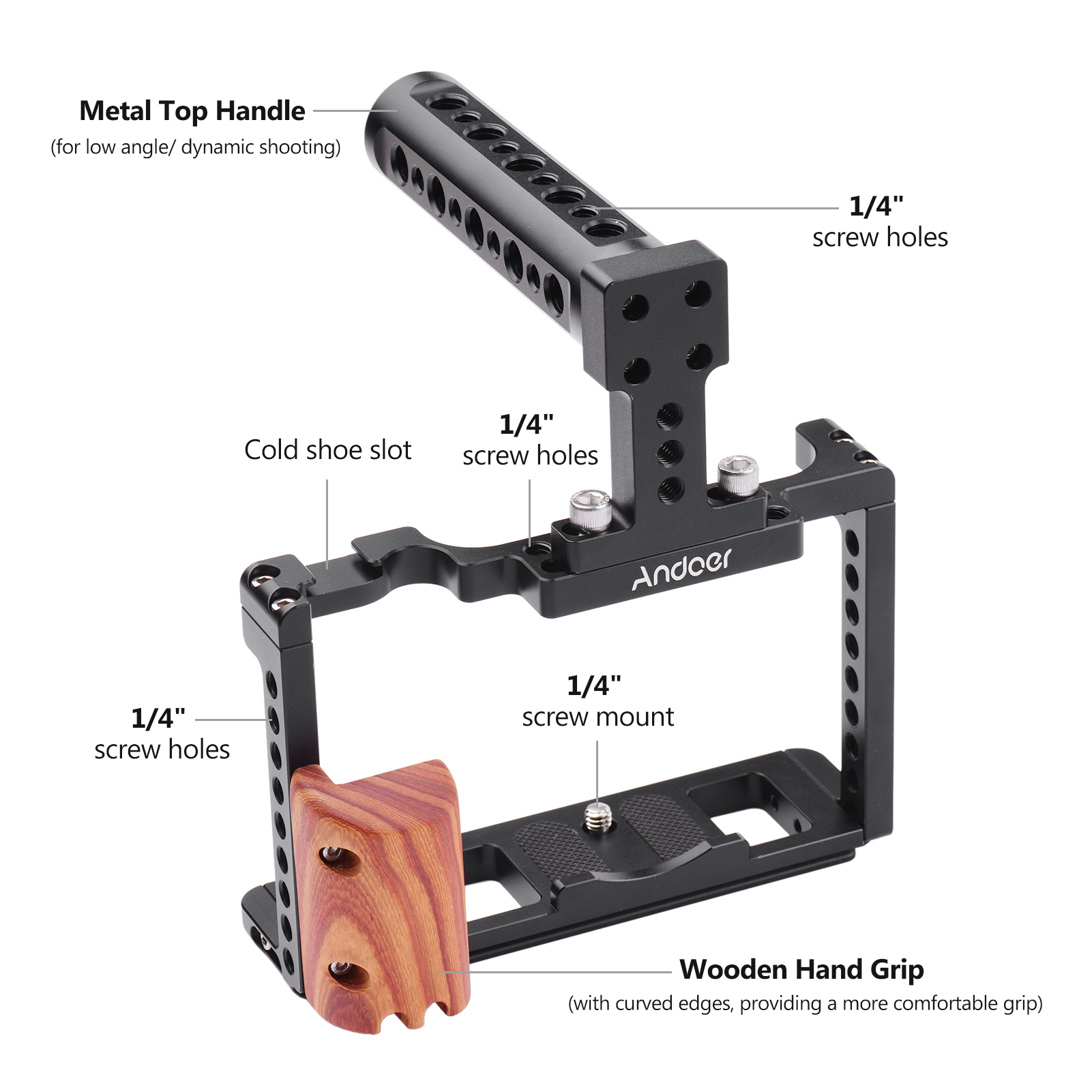 Andoer ze stopu aluminium ze stopu aluminium klatka operatorska zestaw ochronny Vlog klatka z drewniana ręka uchwyt metalowy szczyt uchwyt dla Fujifilm X-T4 ILDC aparat