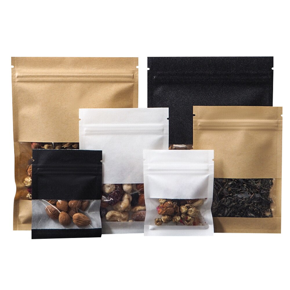 100 Stuks Bruin Wit Kraftpapier Zip Lock Bag Met Doorzichtig Venster Zelfzegel Scheur Inkeping Stofdichte Verpakking Zakjes Voor Voedsel Snack