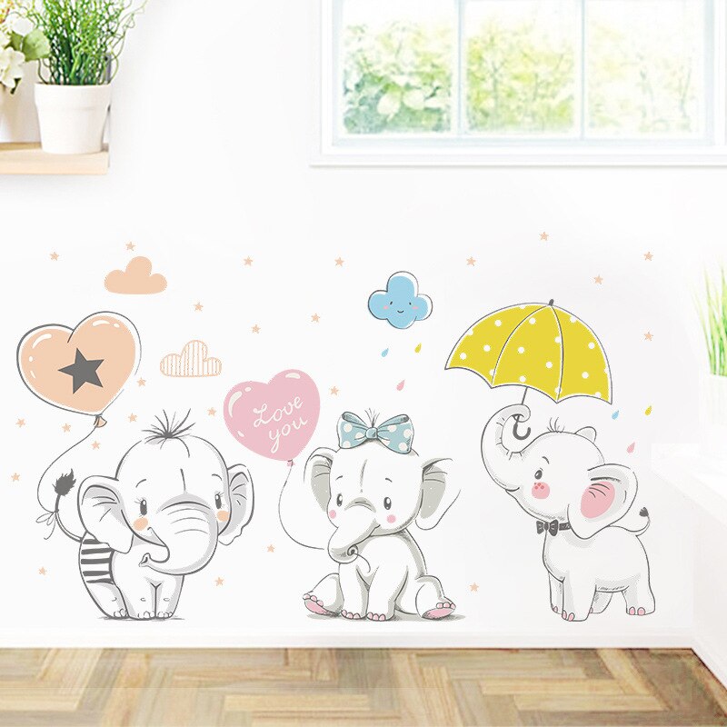 Cute Playing Baby Elephant Wall Sticker Kids Baby Room Decoration Wallpaper Home Decorative Vinyl Decals Cartoon Animals Sticker