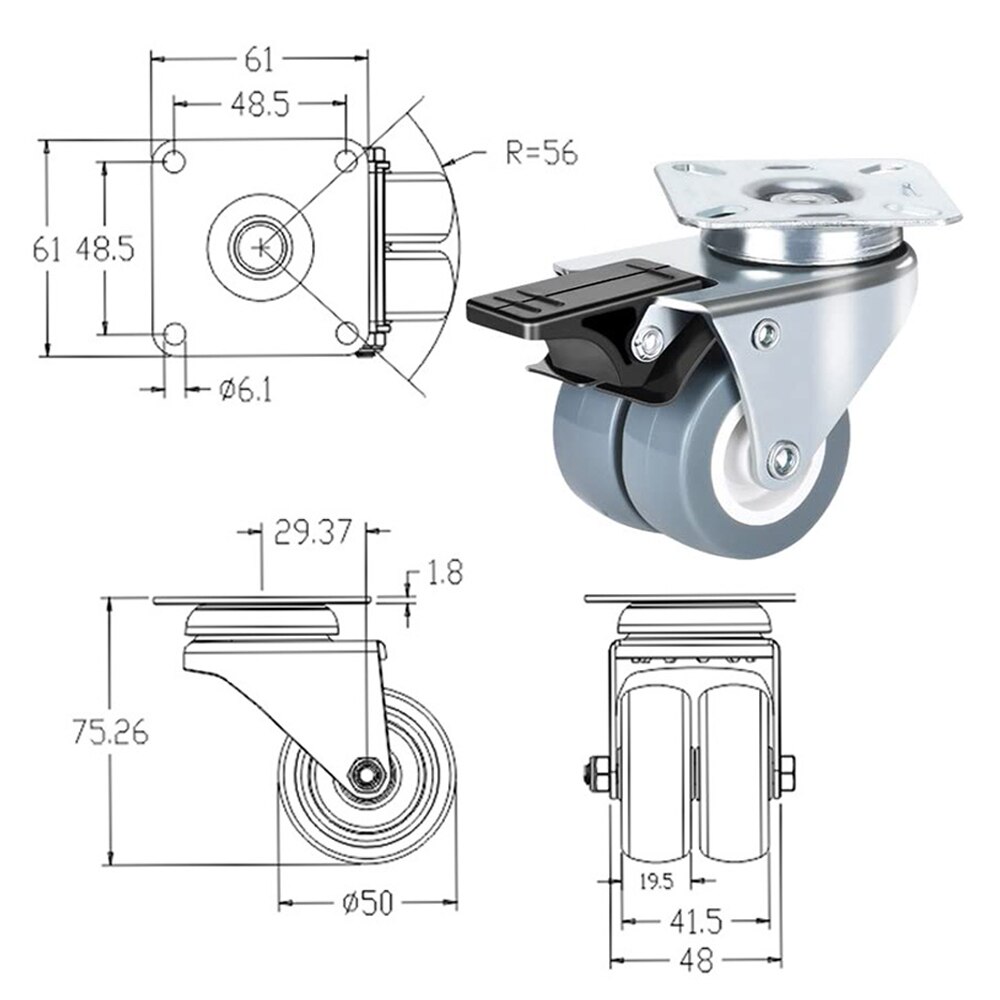 4 stk 50mm heavy duty 50kg svingbare hjul ganske rull for vognhage roterbare doble hjul møbler maskinvare