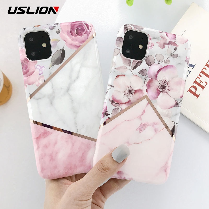 USLION Electroplate Marble Flower Phone Case For iPhone 11 Pro Max X XS XR Xs Max Cases For iPhone 6 6s 7 8 Plus Soft IMD Cover