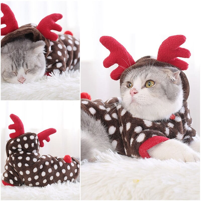 Pet Cute Reindeer Coat Hoodies Dog Cat Christmas Dress Up Cosplay Costume With Red Antlers For Cats Small Dogs French Bulldog