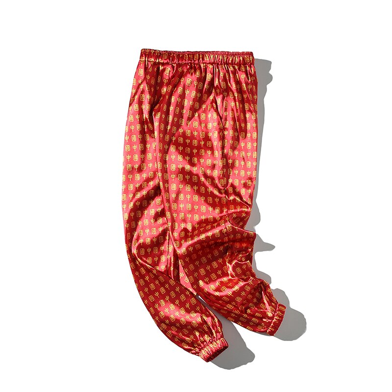Pantalon en Satin imprimé pour hommes, vêtement en soie, grande taille, rouge, chinois, nouvel an, Vintage, rayonne lisse