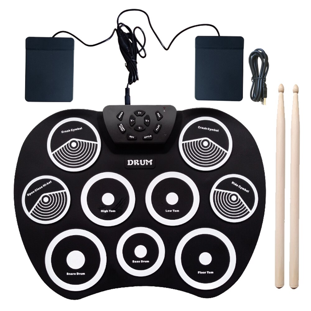 Portable Electronics Drum Set Roll Up Kit 9 Silicone Pads USB Powered with Foot Pedals Drumsticks Cable: White