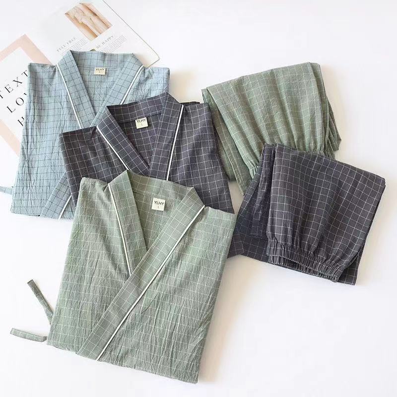 Pijama Kimono japonés para hombre, ropa de dormir de gasa de algodón, traje para casa de talla grande, pantalones de manga larga, primavera y otoño