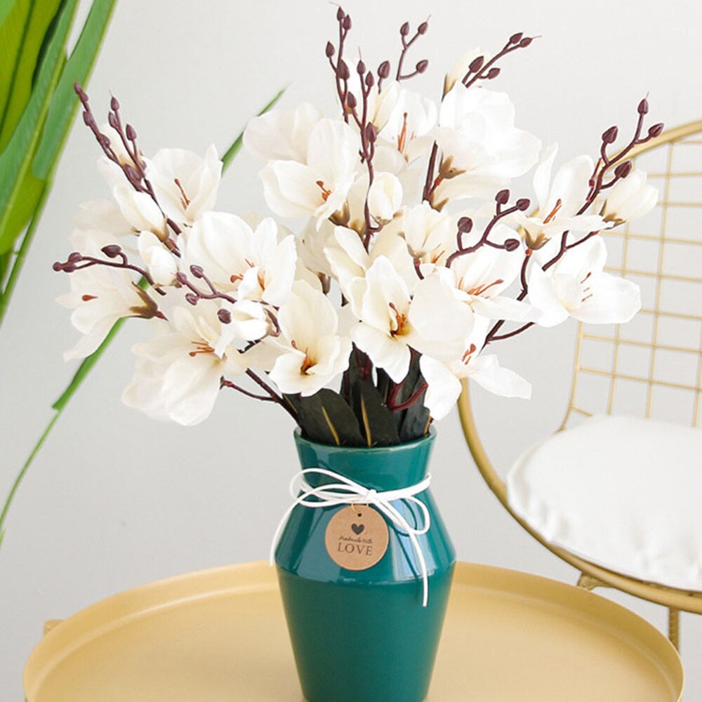 Ramo de flores artificiales de seda, plantas de simulación de Magnolia para decoración del hogar, sala de estar, propuesta de boda, 5 tenedores, 20 cabezas