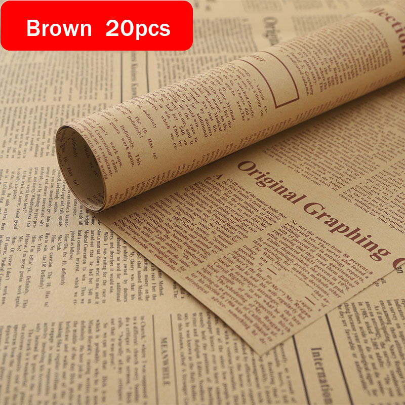 Papel de envoltorio de flores, Material de papel Kraft Retro de periódico inglés, ramo Floral, flor de embalaje: black 20pcs