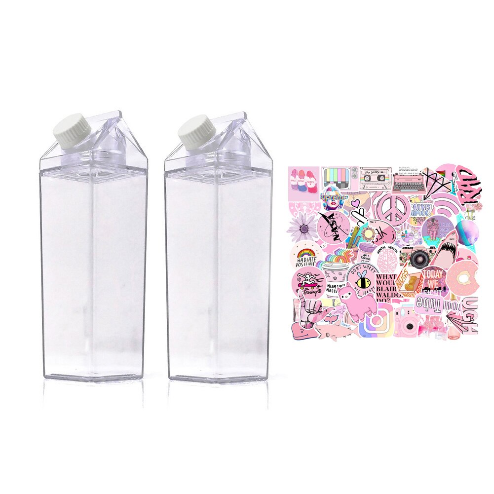 Melk Karton Water Fles 17Oz/34Oz Meisje Vsco Bpa Gratis Plastic Clear Vierkante Dozen Voor Vrouwen 2 stuks Met 50 Stuks Stickers: 401-500ml / PINK STICKERS