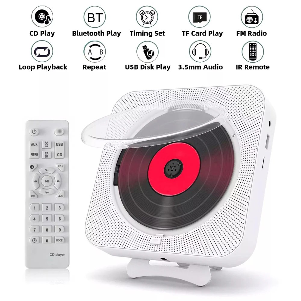 Tragbarer CD-Player, Bluetooth-Lautsprecher, Stereo-CD-Player, LED-Bildschirm, an der Wand montierbarer CD-Musik-Player mit IR-Fernbedienung, FM-Radio