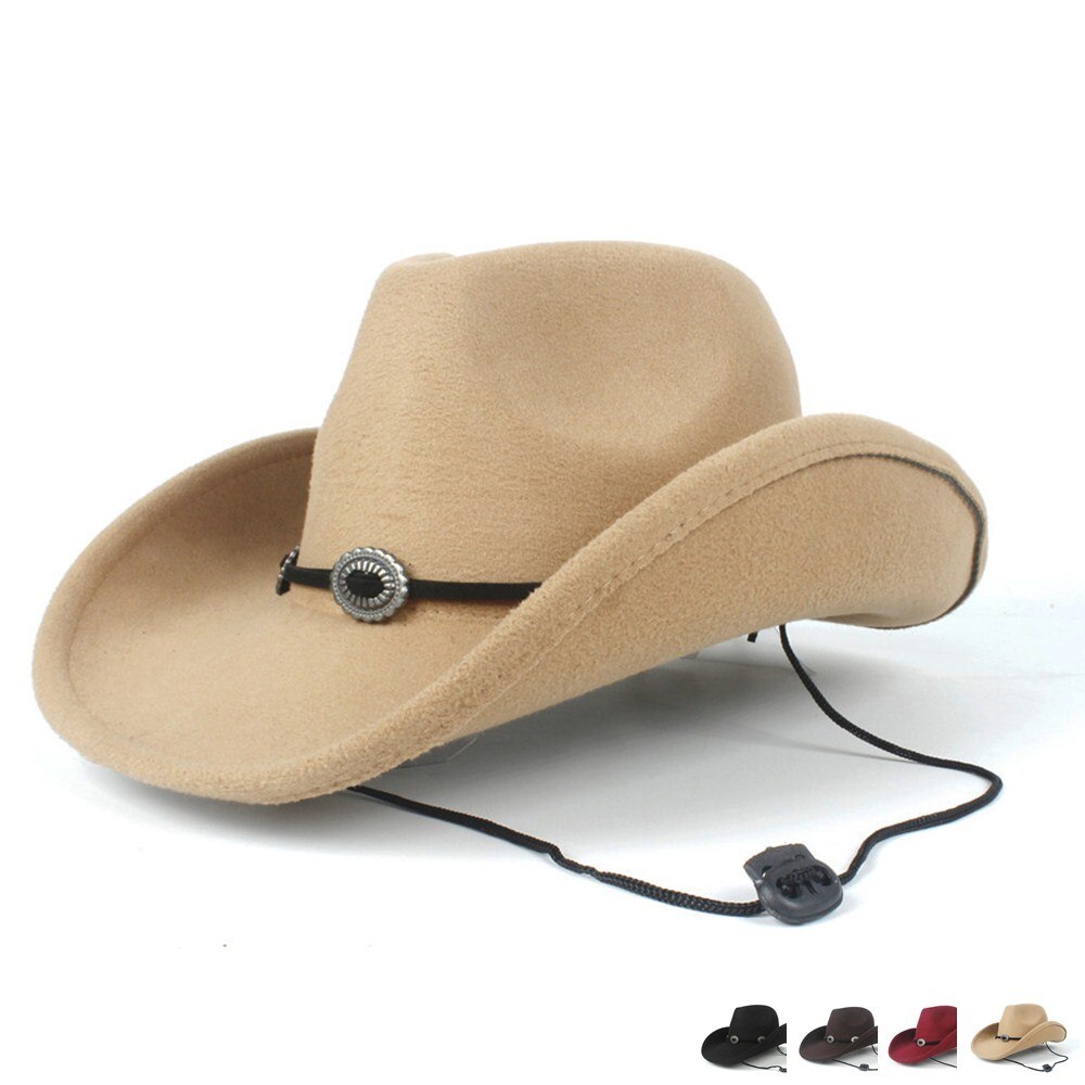 Wool Women Men Hollow Western Cowboy Hat Roll-up Brim Gentleman Outblack Sombrero Hombre Jazz Cap Wind Rope Size 56-58CM