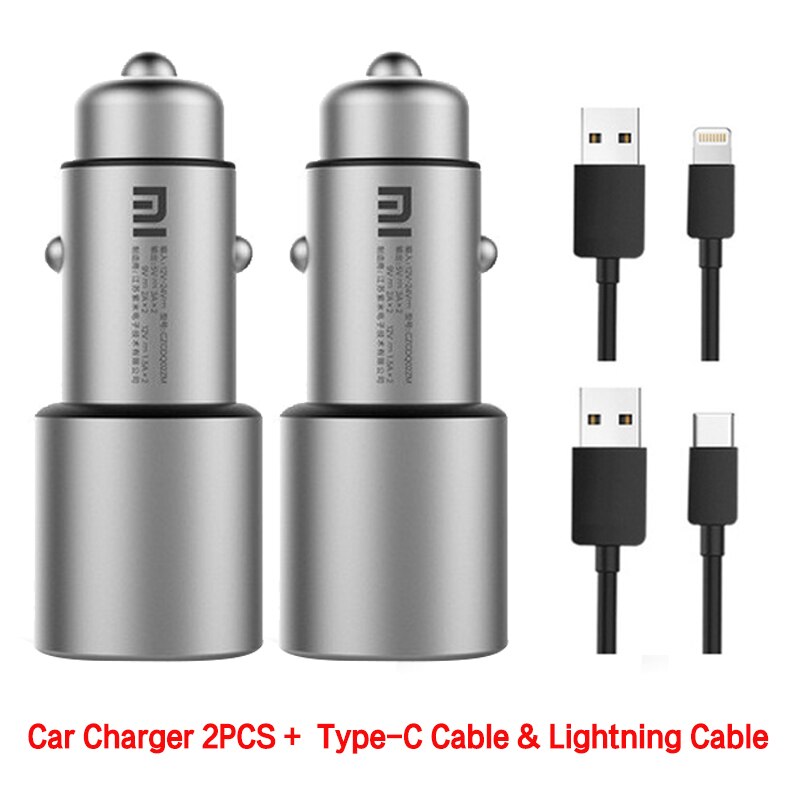 Original Xiaomi Car Charger QC 3.0 Dual USB Quick Charge 5V/3A 9V/2A Mi Car-Charger For Android iOS For iPhone Samsung Huawei: 2PCS Type-CLightning