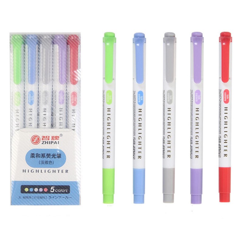 5 Pcs/Set Highlighter Pen School Supplies Dual Head Fluorescent Art Markers Brand Book Reading Mark Pen For Student Stationery: A