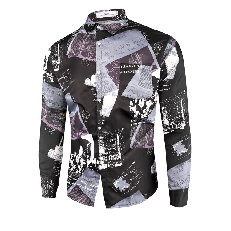 Vintage Shirts Mens Long Sleeve Korean Casual Newspaper Floral Print Social Camisas Dress Shirt Men Streetwear: Black / Asian Size L