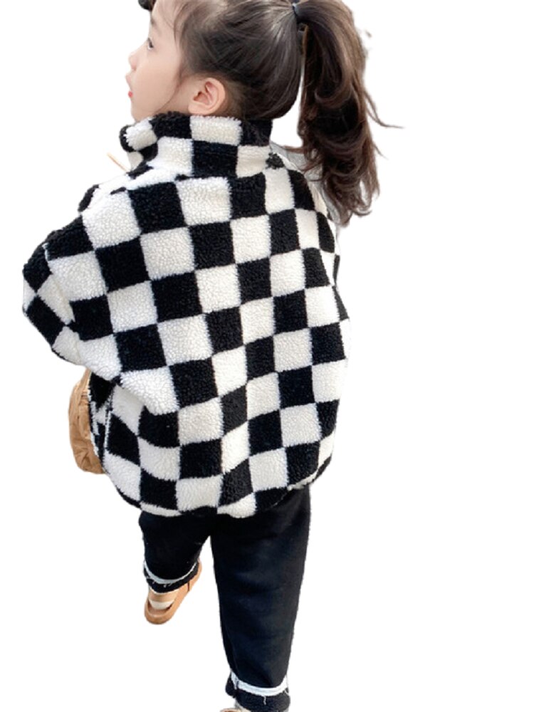 Winter Unisex Kids Plaid Jassen Jongens Meisjes Warm Thicken Stand Collar Losse Berber Fleece Jassen: 7T