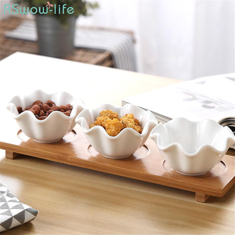 3 unids/set plato de salsa de cerámica, cojín de bambú, plato de inmersión para el hogar, sal de soja, azúcar, salsa, organizador de condimentos, tarros de especias