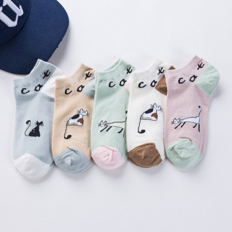 Calcetines tobilleros con de gato para Mujer, medias cortas con dibujos de animales, coreana, Kawaii, informal, 5 pares: Multicolor