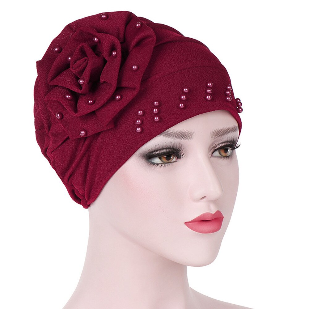 #5 Mode Vrouwen Kralen India Hoed Moslim Ruche Kanker Chemo Beanie Sjaal Tulband Cap Freeship: Wine