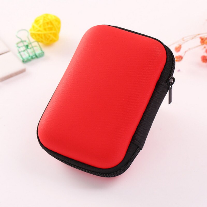 Portable Mini Zipper Hard Earphone Organizer Case Travel PU Leather Protective USB Cable Earbuds Case Bag: red