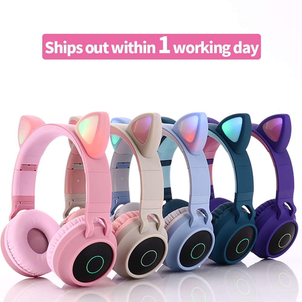 Bluetooth 5.0 Headset Cat Ear Wireless LED Light Mobile Phones Headphone Stereo Music Headphones Girl Daughter Headset for PC