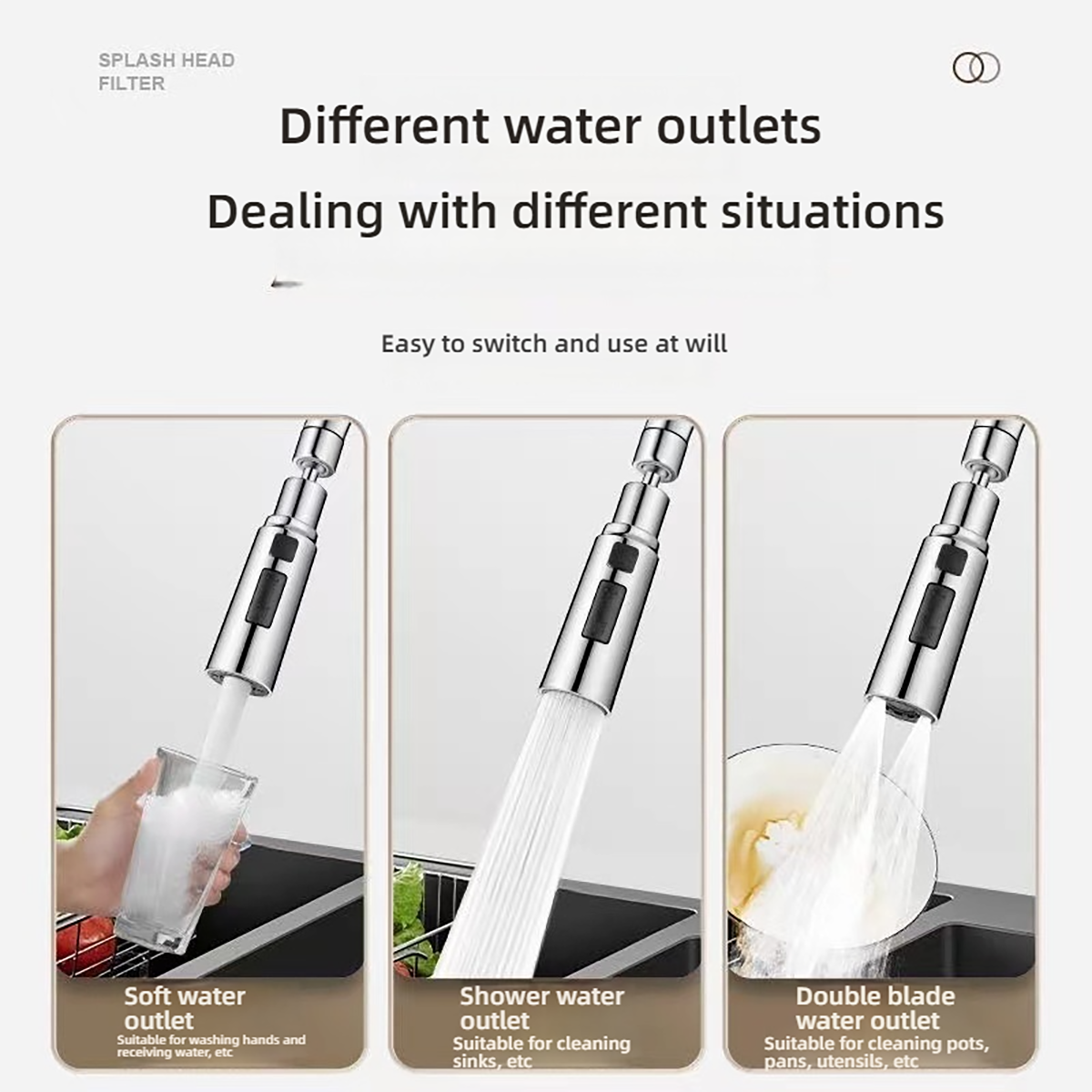Pulvérisateur universel pour robinet de cuisine, 3 modes de débit d'eau, bulles et lames 720 ° Connecteur G1/2 universel pivotant pour eau chaude et froide