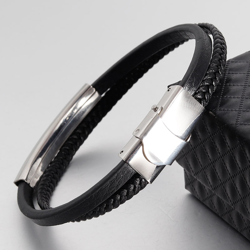 Lederen Armband voor Mannen 316L Rvs Stijl Veiligheid Sluiting Polsband Vintage Mode-sieraden