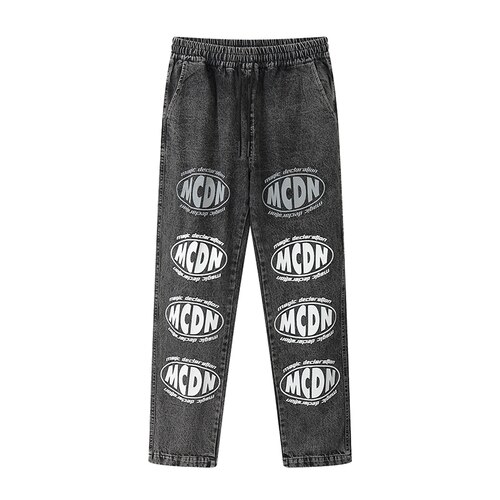 UNCLEDONJM Reflective letter jeans men hiphop high street denim jeans streetwear men graffiti jeans men clothing ED-Y802: Black / L