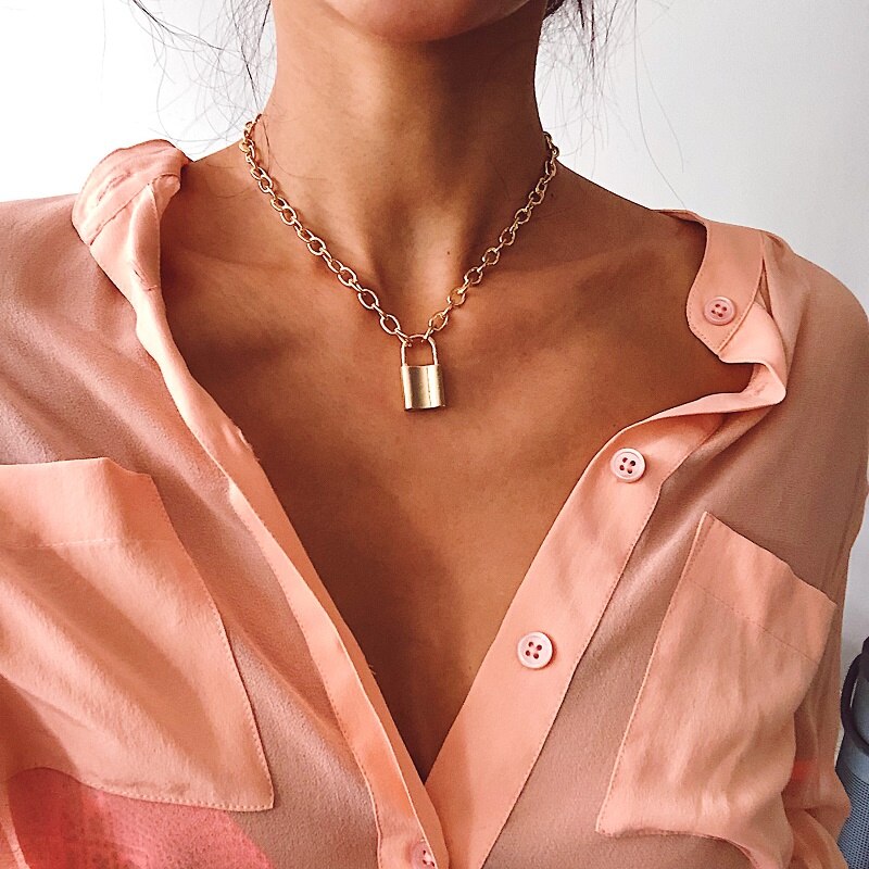 Collar con colgante de candado para llave para mujer, cadena en capas con cierre de Color dorado/plateado, joyería Punk: C