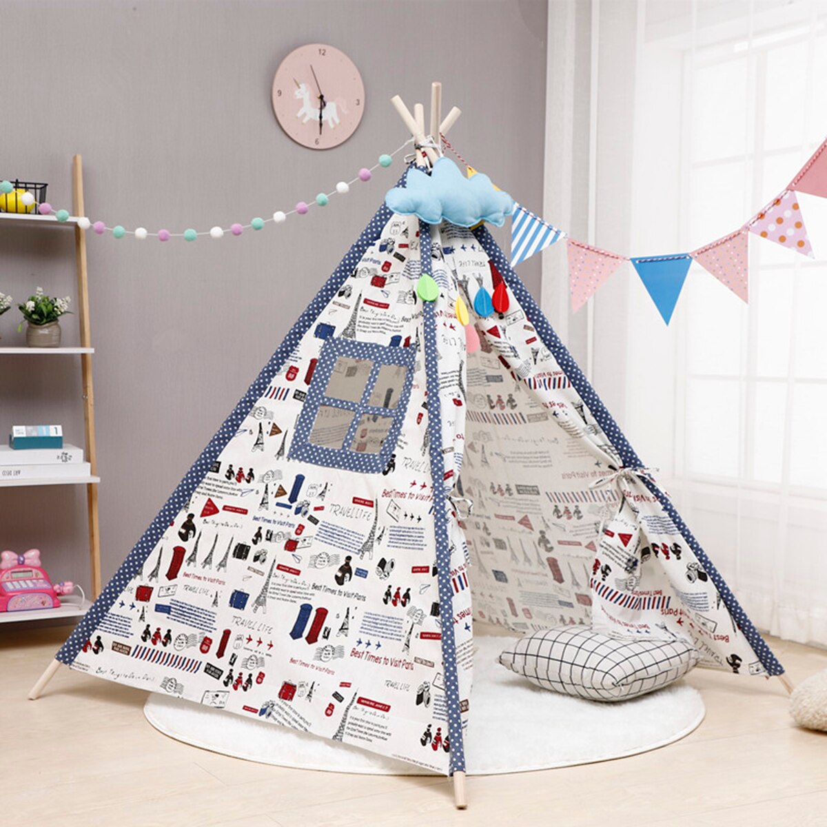 11 Style Larger Folding Indoor Baby Game House India Triangle Tent Princess castle Canvas Original Teepee Kids Teepee NO MAT: Flower Color / 1.6m