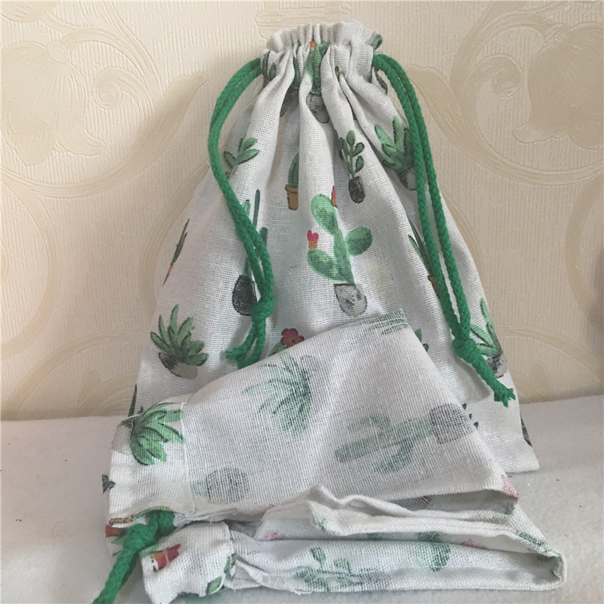 YILE 1pc Cotton Linen Drawstring Multi- Purpose Organizer Bag Green Flowering Cactus N8223 C S