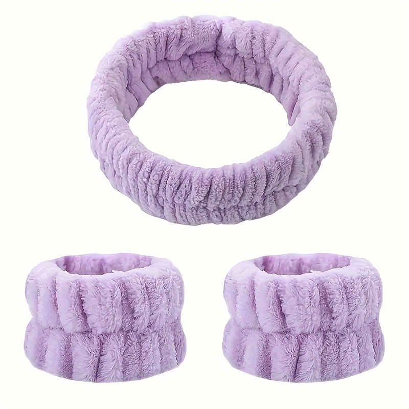 Bandeau de maquillage pour le visage en velours corail, ensemble de bracelets de lavage du visage à haute élasticité, masque Facial, soins de la peau: Violet