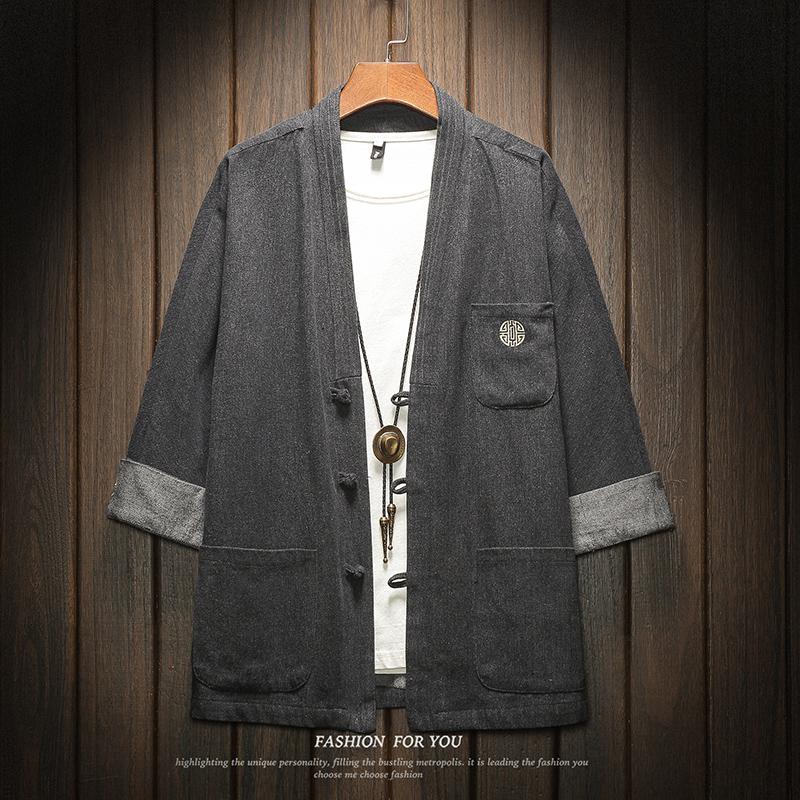 M-5xl koreaanse stijl plus size denim overhemd heren kraagloos chinees traditioneel zakken 3/4 mouwen vintage jeans overhemden xxxxl: Zwart spijkerhemd / M