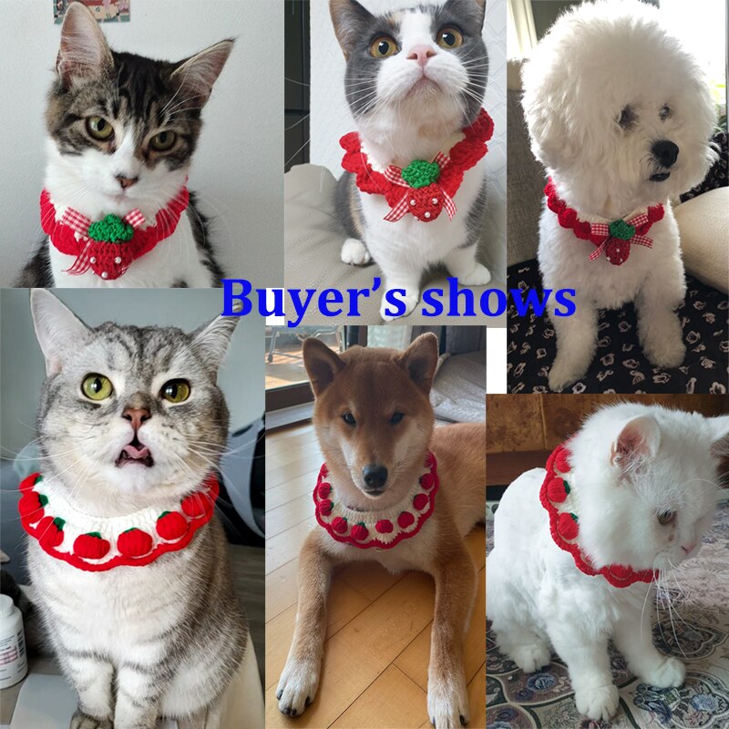 Strawberry Crochet Cat Collar Woolen Dog Bandana Bowknot Pet Necklace Manual Kitty Scarf Cute Cat Accessories Yorkie Chihuahua