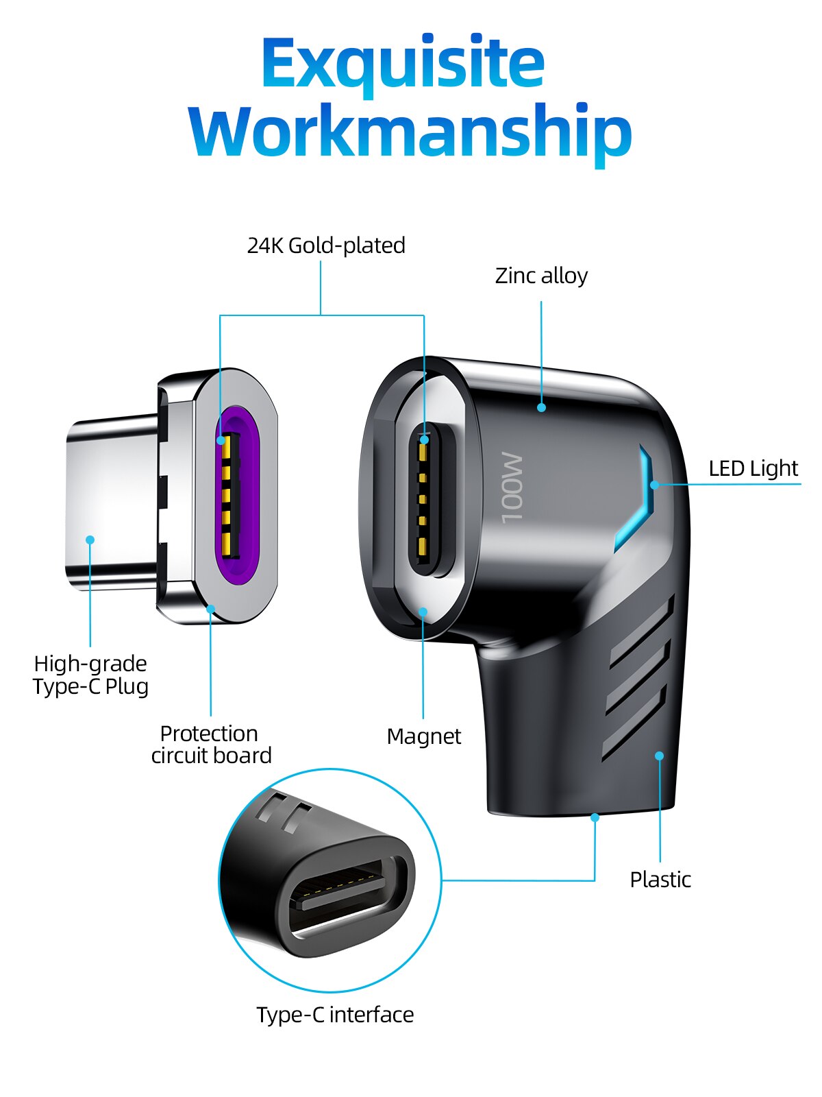 Cabo adaptador de carregamento rápido 100w, conector magnético de 90 graus para ipad 2019 samsung xiaomi 9 10 tipo c