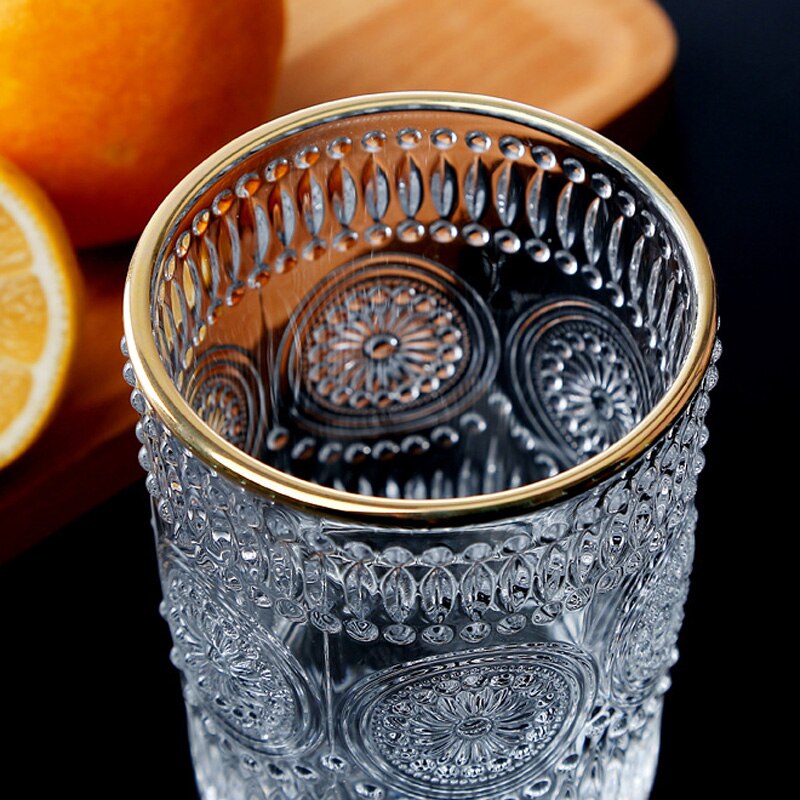2 pçs em relevo copos de vidro aro de ouro copo de suco de vidro copo de leite velho moda girassol gravura copo de vidro bebendo vinho de cristal glassless