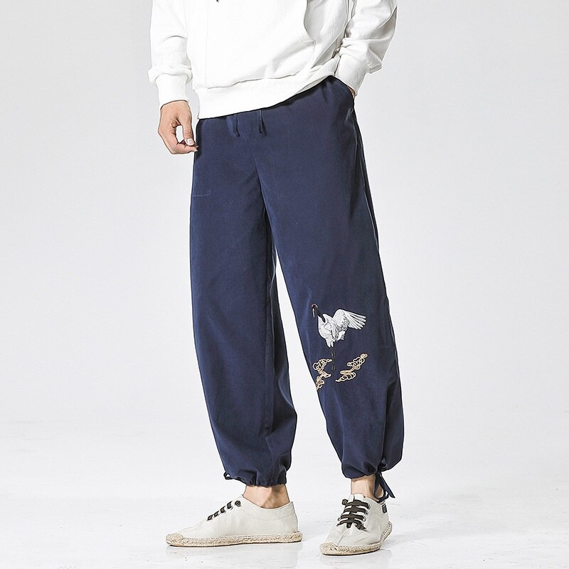 Traditional Chinese Pants Men Clothing Casual Vintage Trousers Embroidery Red-Crowned Crane Kimono Harem Pants KK3260