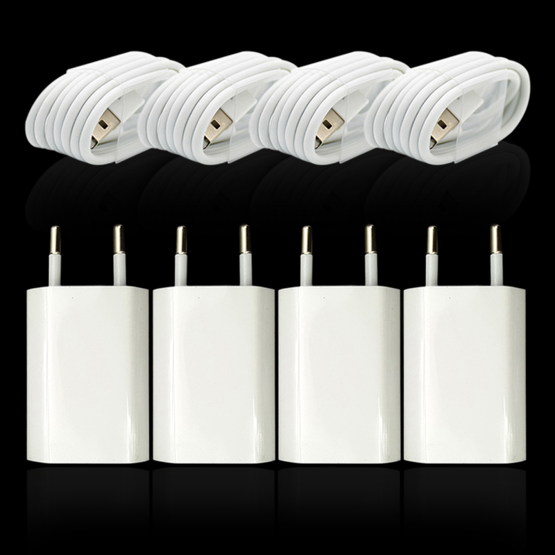 4 sets/lot stopcontact eu-stekker usb-lader voor iphone 8 -pins usb-oplaadkabel + reisadapter voor apple iphone 5 5s 6 6s 7