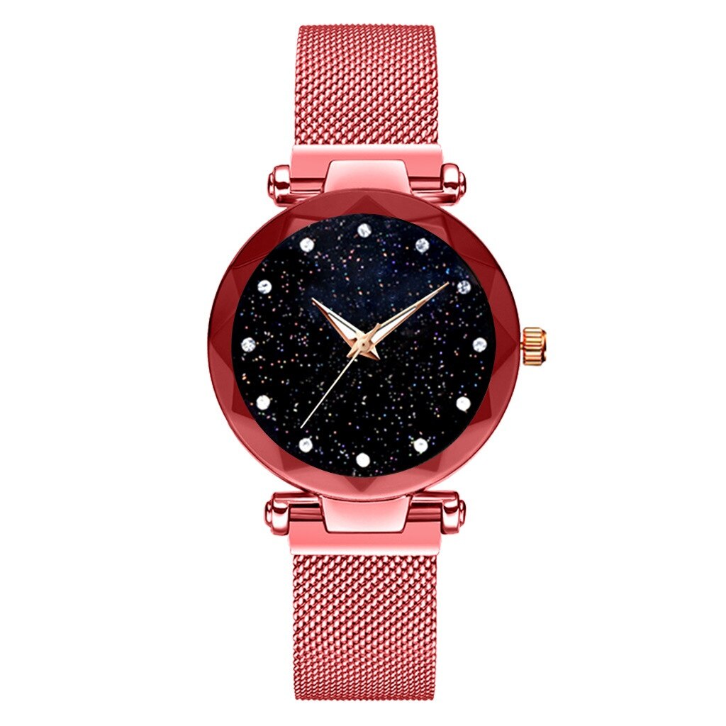 Montre femme ciel étoilé montre magnétique acier inoxydable bracelet en maille luxe Quartz montre-bracelet diamant montres Relogio Feminino: Red