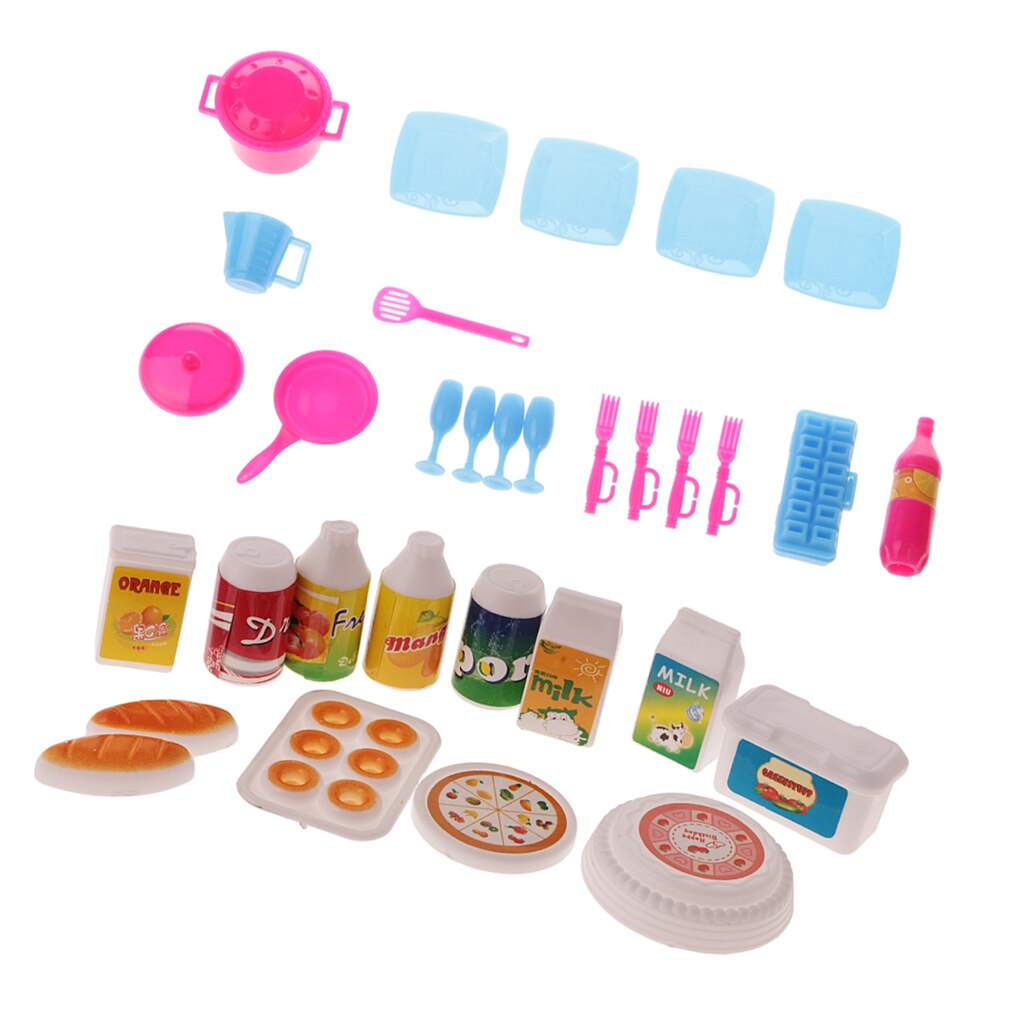 30pcs Dollhouse Plastic Kitchenware & Food Set for Doll Accessories