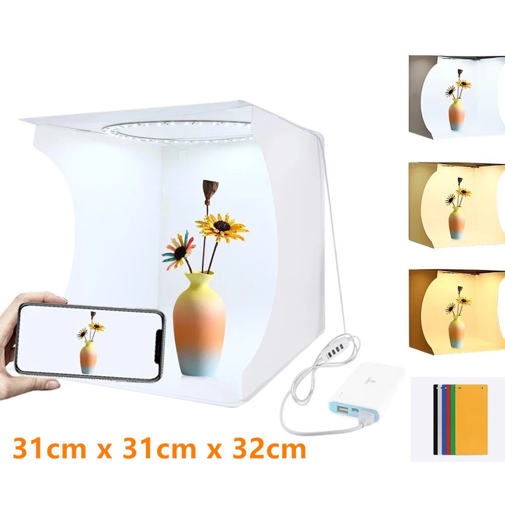 PULUZ LED Lightbox Light box Mini Photo Studio Box 1100LM Photography Box Light Studio Shooting Tent Box Kit & Color Backdrops: 31x31x32cm