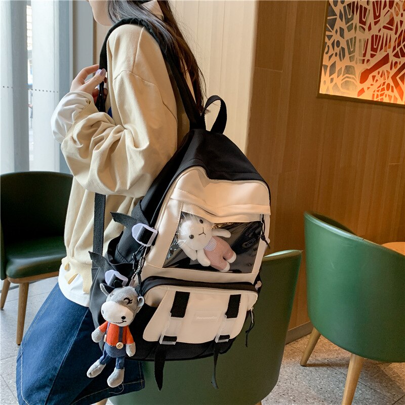 Mochila de Nylon impermeable de gran capacidad para mujer, bolso de viaje coreano para chica joven, bolsillo transparente, mochila escolar con hebilla de inserción, novedad de
