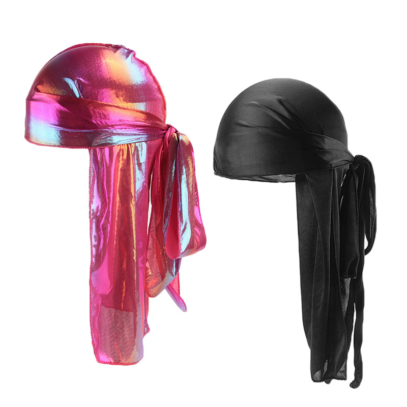 Silky Durags Men Durag Long Tail Doo Rag Black And Colorful BreathableTurban Pirate Solid Headwear 2pcs/lot